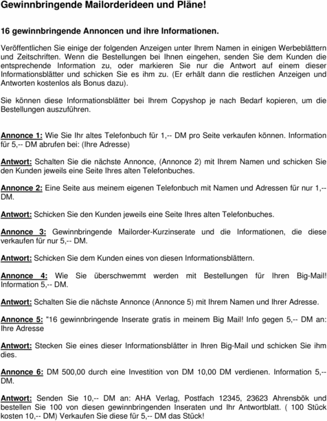 Product picture Gewinnbringende Mailorderideen und Pläne